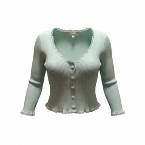 For Love and Lemons Mint Ribbed Cropped Cardigan Lace Trim Button Top Small